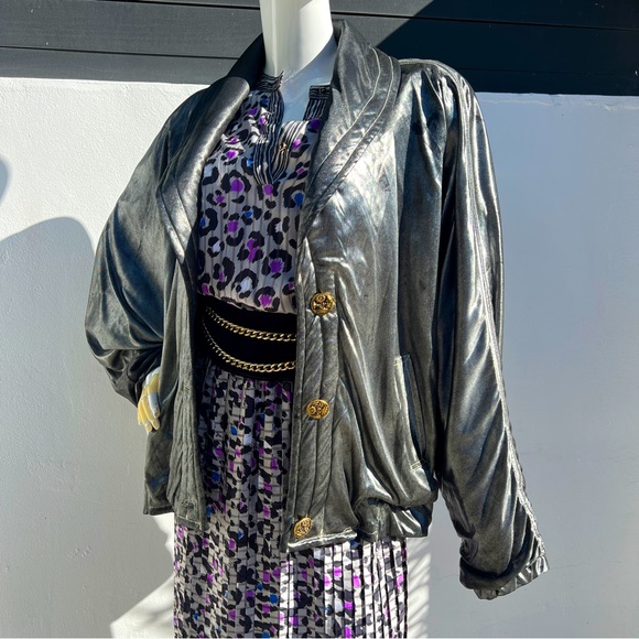 80s Metallic Button Up Bomber Jacket - Picture 1 of 16